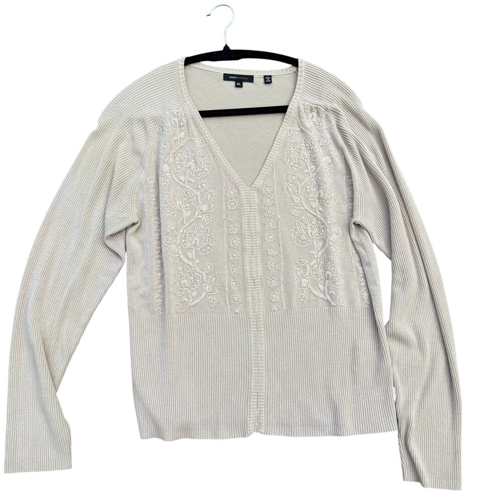 BCBGMAXAZRIA Silk Embroidered V-Neck Ribbed Sweater Y2K Women XL Champagne Beige